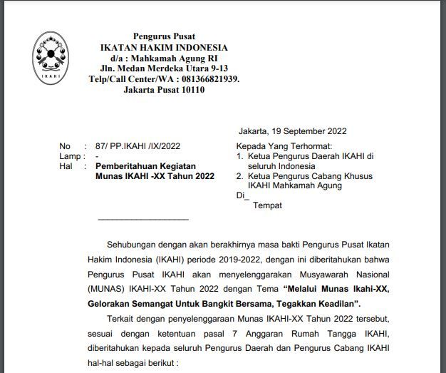 Surat Pemberitahuan Musyawarah Nasional (Munas) IKAHI-XX Tahun 2022