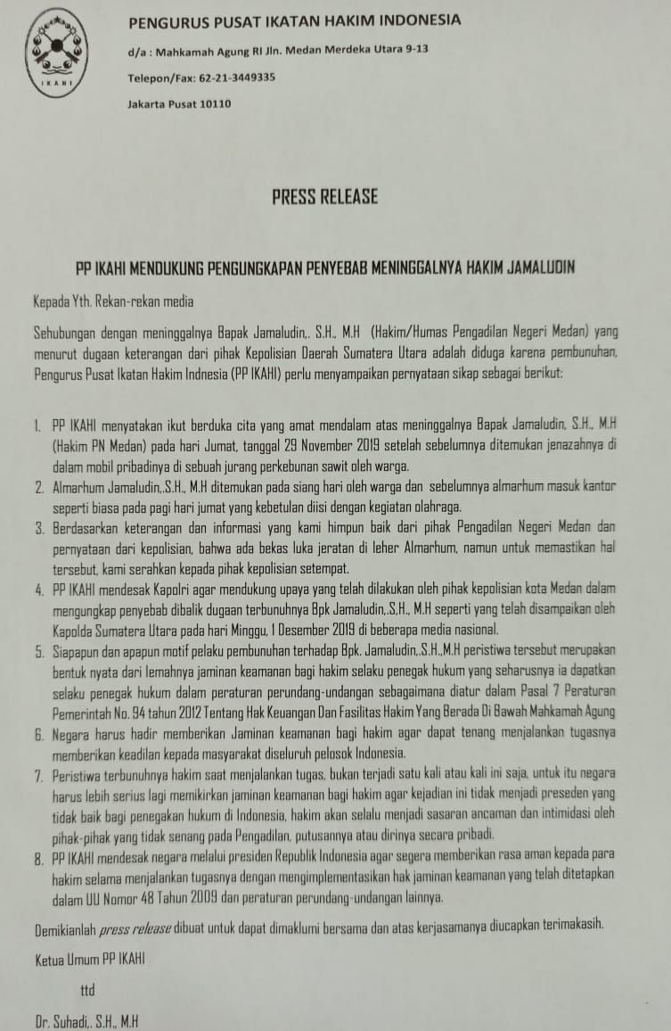 PRESS RELEASE PP IKAHI TENTANG DUGAAN PEMBUNUHAN TERHADAP HAKIM PN MEDAN