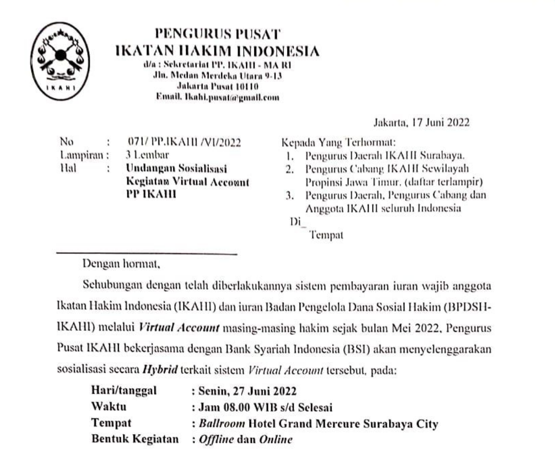 Undangan Sosialisasi Virtual Account Ikatan Hakim Indonesia.