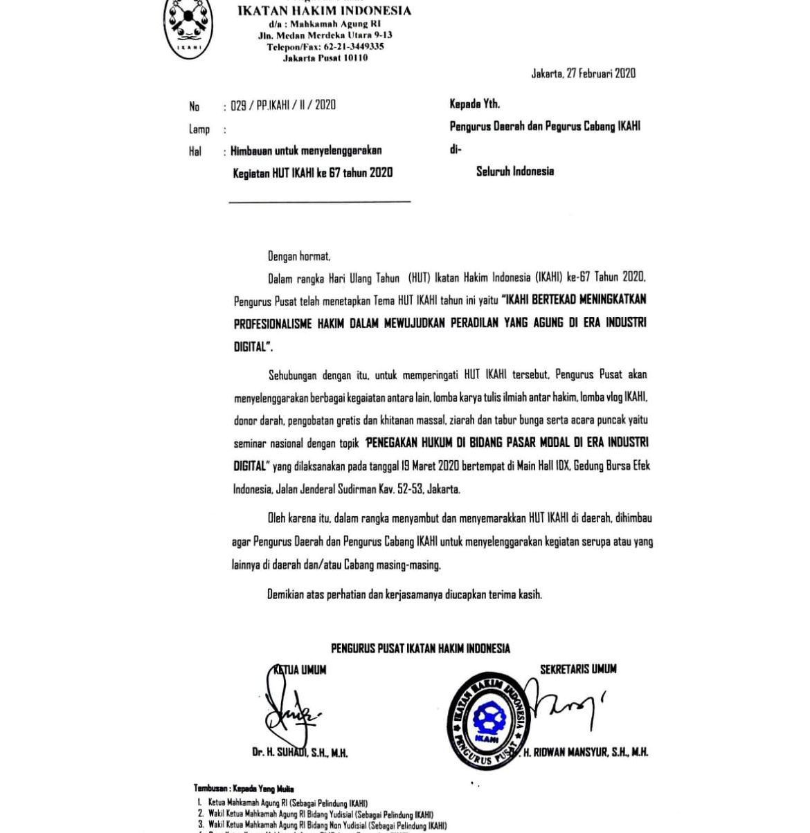 HIMBAUAN MEMPERINGATI HUT KE-67 IKAHI KEPADA PENGURUS DAERAH DAN CABANG IKAHI